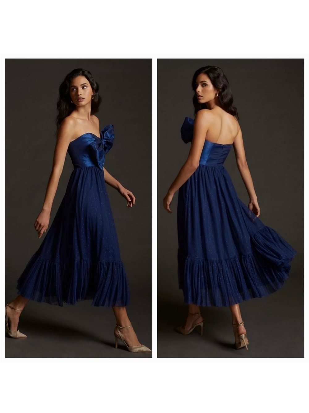 Hutch Strapless Navy Blue Midi Tulle Dress with Bow